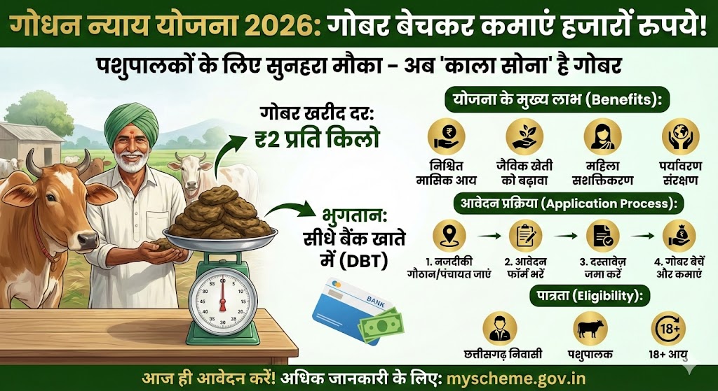 गोधन न्याय योजना 2026: अब गोबर बेचकर कमाएं हजारों रुपये! पूरी जानकारी, लाभ और आवेदन प्रक्रिया