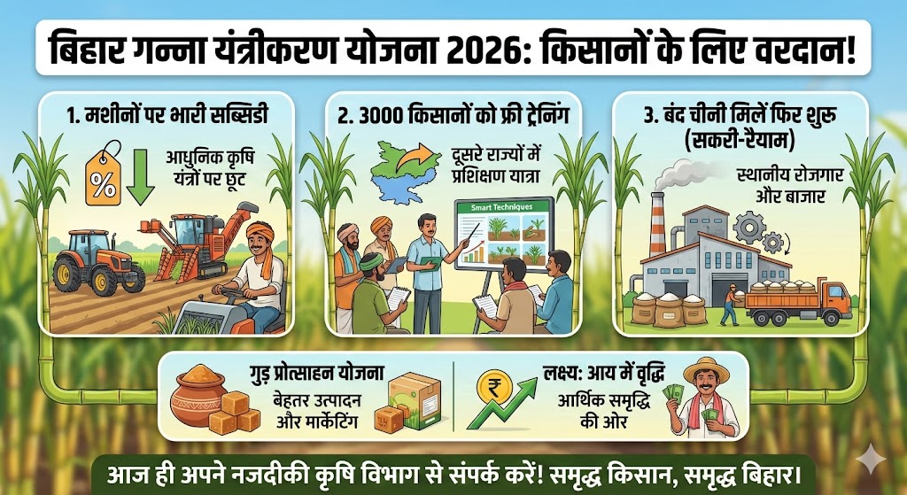 बिहार गन्ना यंत्रीकरण योजना 2026: 3000 किसानों को फ्री ट्रेनिंग और बंद चीनी मिलें होंगी शुरू - अभी देखें!